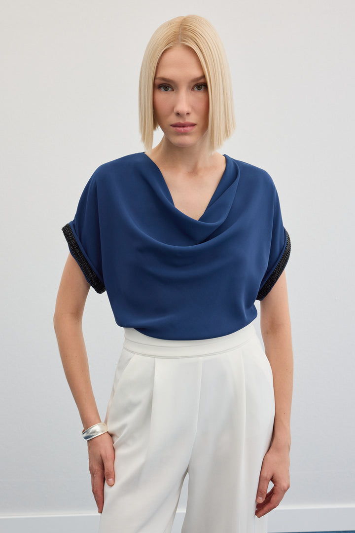 Sateen Blouse ample à détails en pierres - Indigo