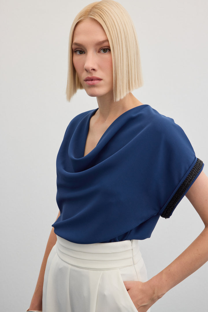 Sateen Blouse ample à détails en pierres - Indigo