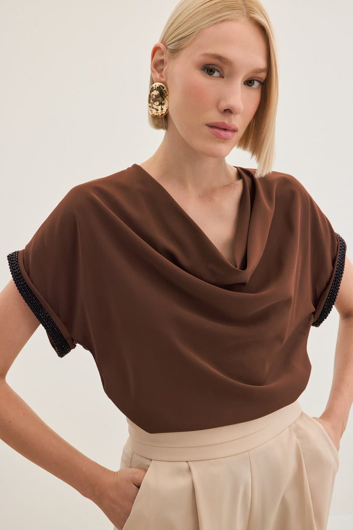 Sateen Blouse ample à détails en pierres - Marron