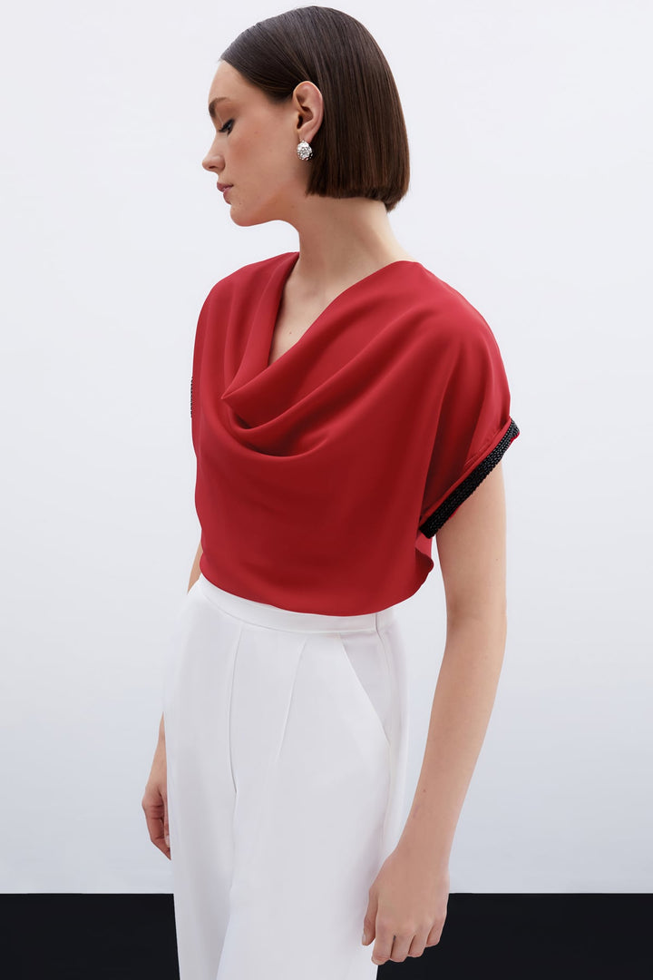 Sateen Blouse Ample avec Détails en Pierre - Rouge
