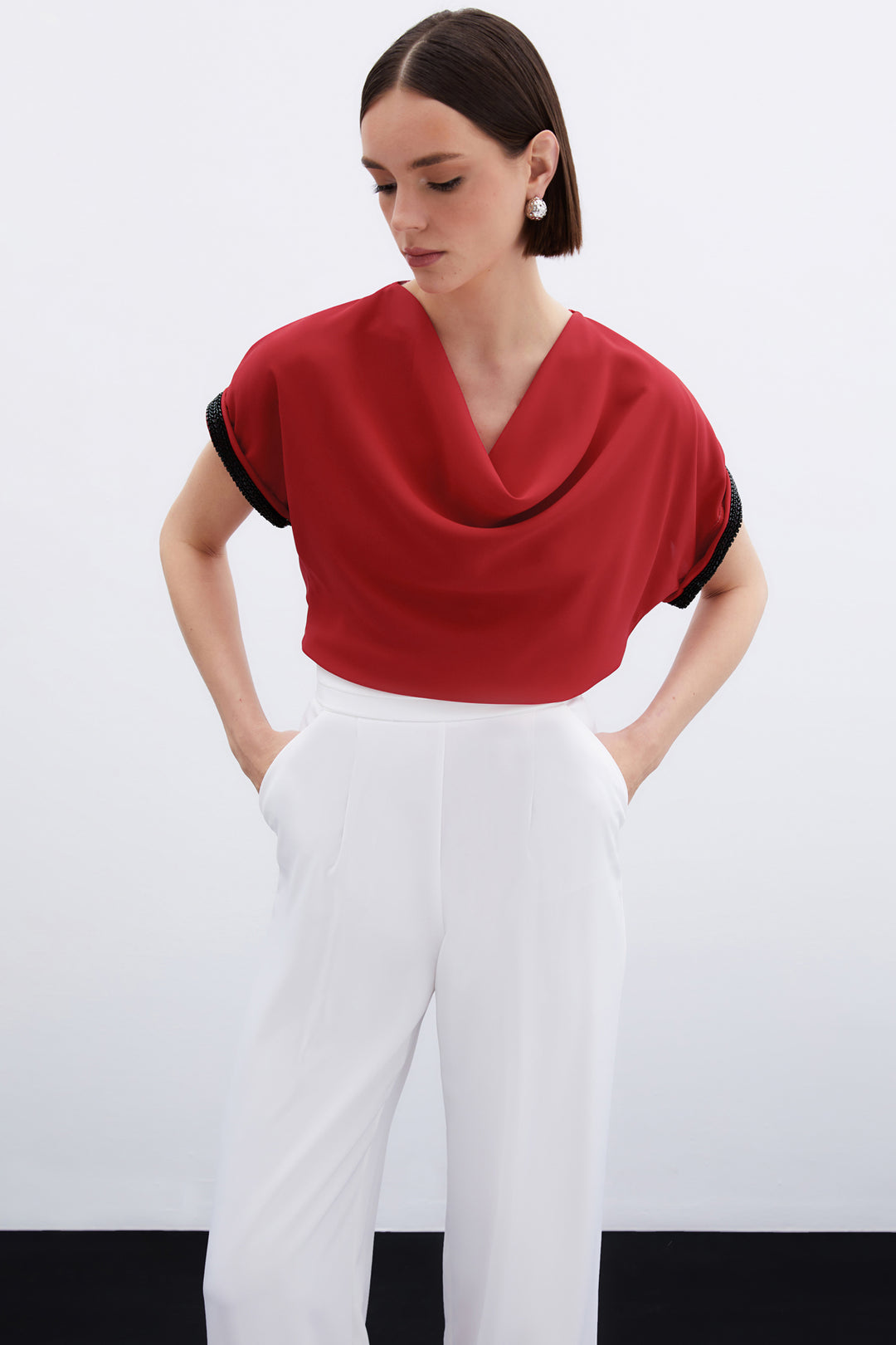 Sateen Blouse Ample avec Détails en Pierre - Rouge