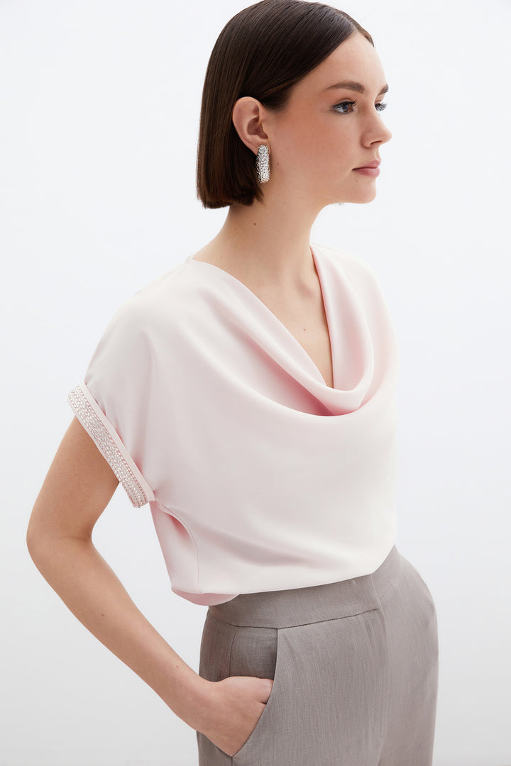 Sateen Blouse ample avec détails en pierre - Poudre