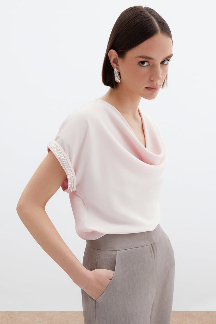 Sateen Blouse ample avec détails en pierre - Poudre
