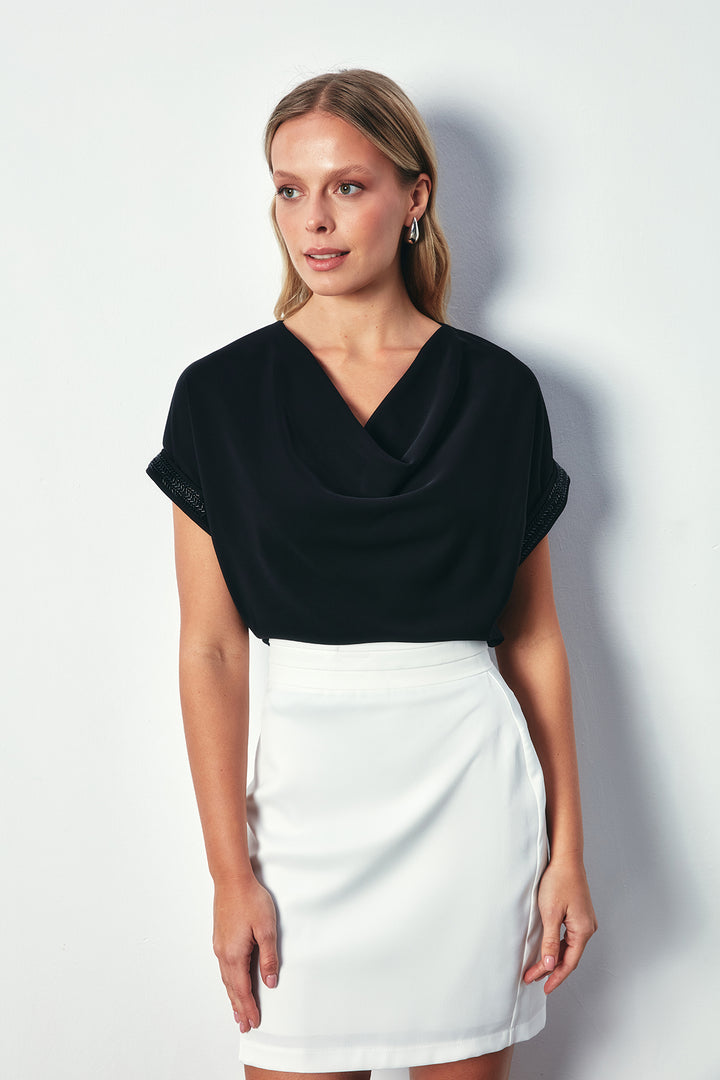 Sateen Blouse Ample Détail Pierre aux Manches - Noir