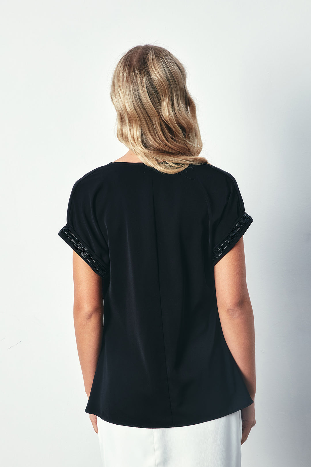 Sateen Blouse Ample Détail Pierre aux Manches - Noir