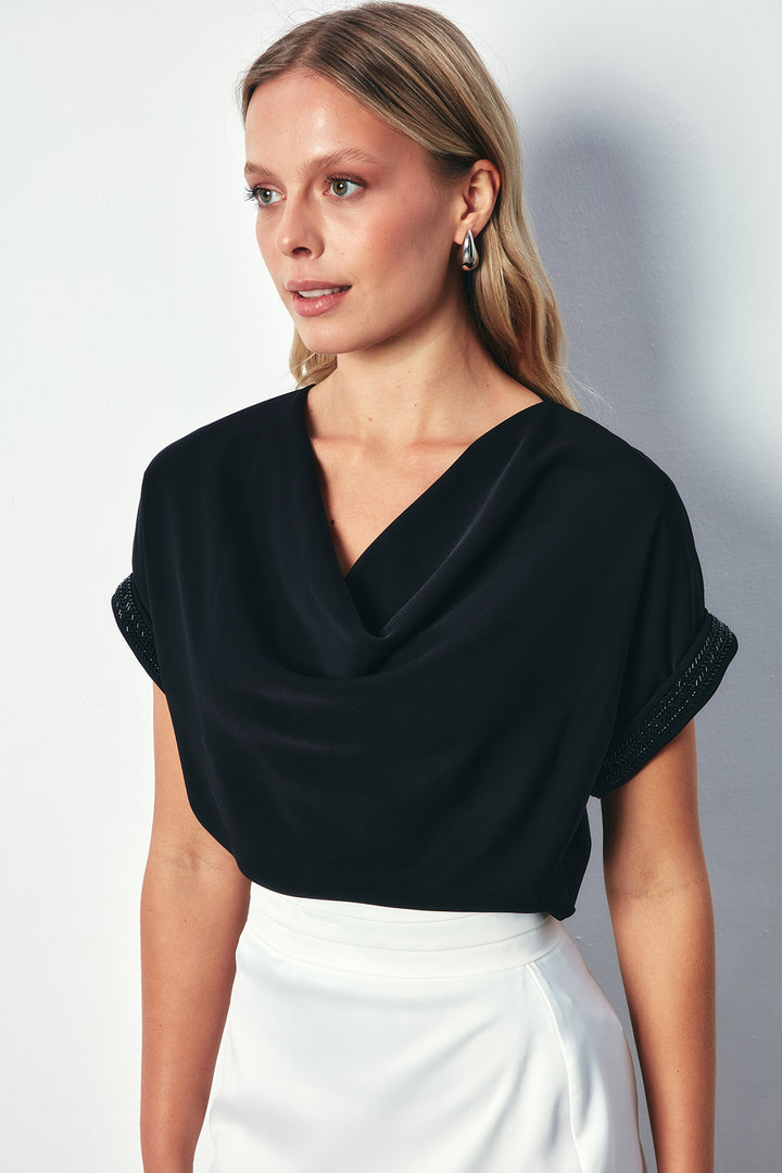 Sateen Blouse Ample Détail Pierre aux Manches - Noir