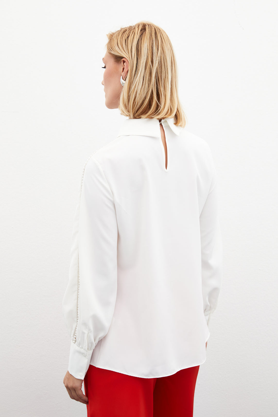 Sateen Blouse avec Détails en Perles aux Manches - Écru