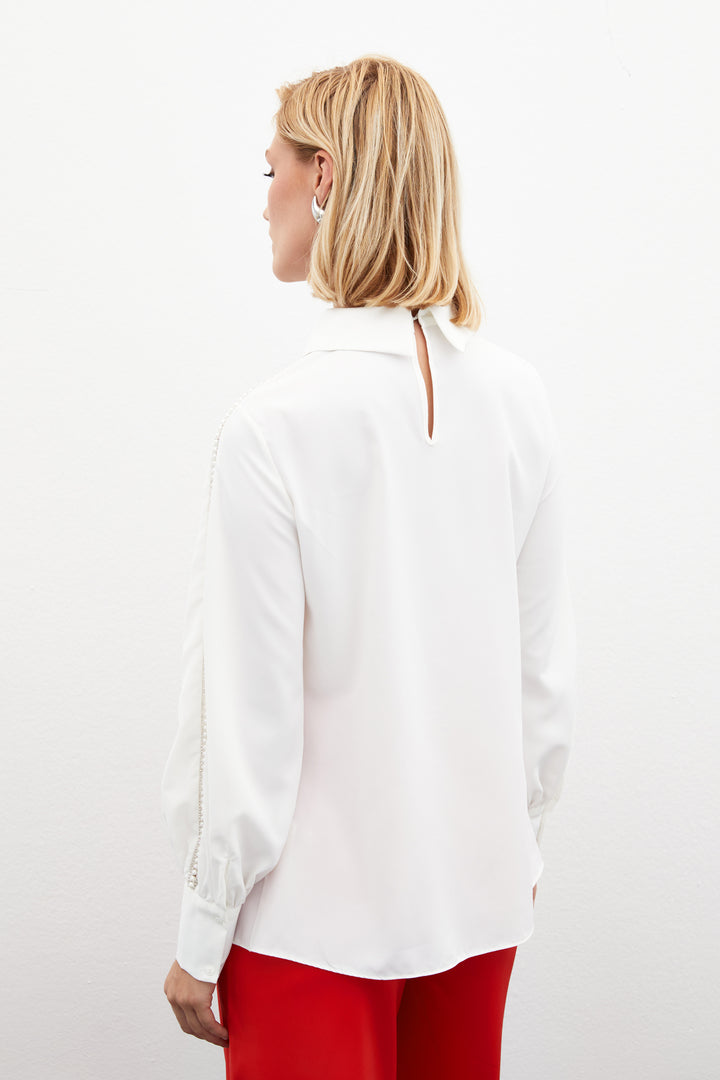 Sateen Blouse avec Détails en Perles aux Manches - Écru