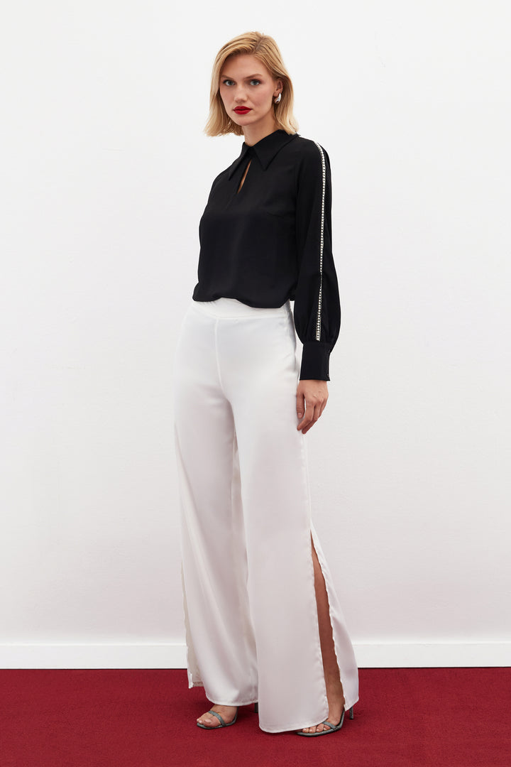 Sateen Blouse avec Détails en Perles aux Manches - Noir