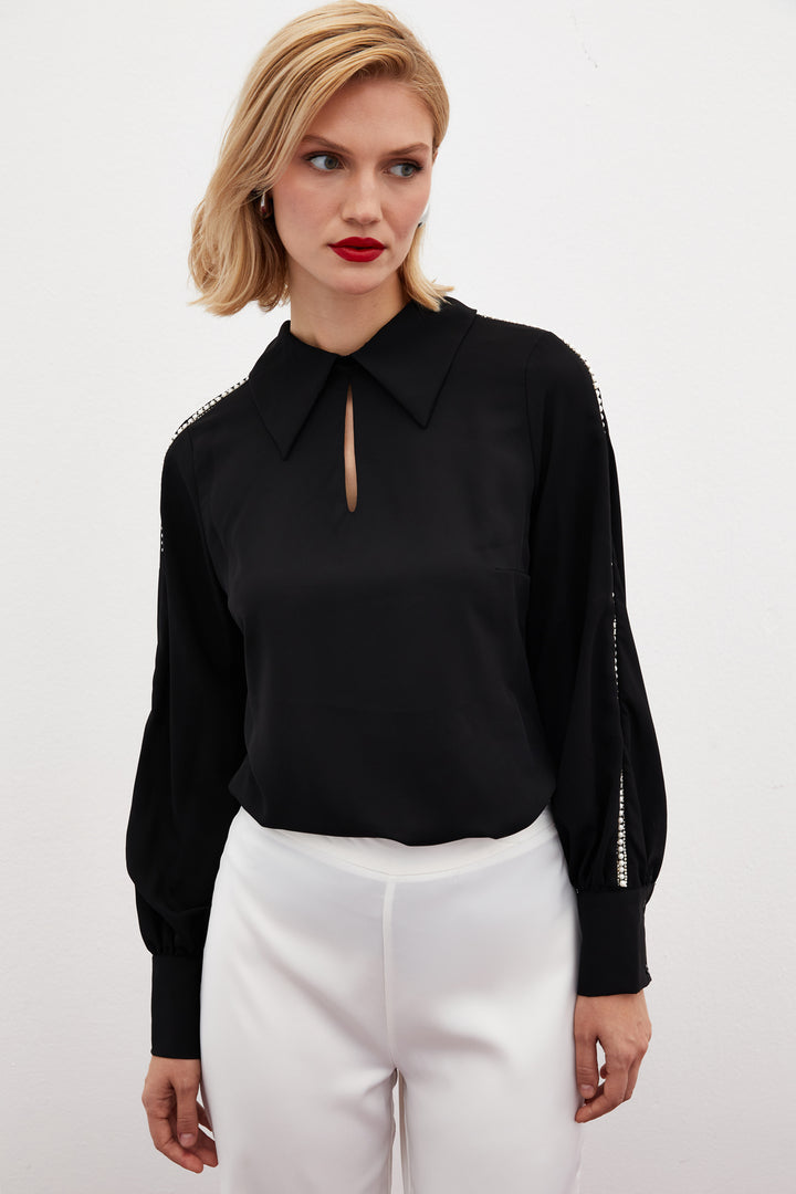 Sateen Blouse avec Détails en Perles aux Manches - Noir