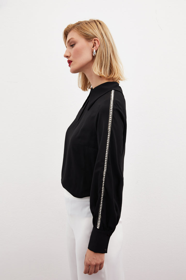 Sateen Blouse avec Détails en Perles aux Manches - Noir
