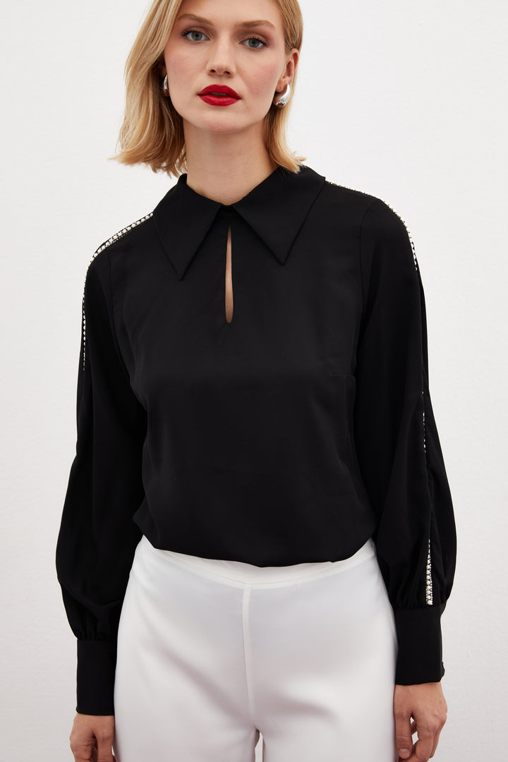Sateen Blouse avec Détails en Perles aux Manches - Noir