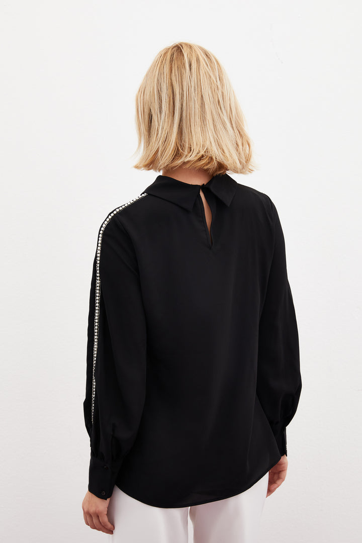 Sateen Blouse avec Détails en Perles aux Manches - Noir