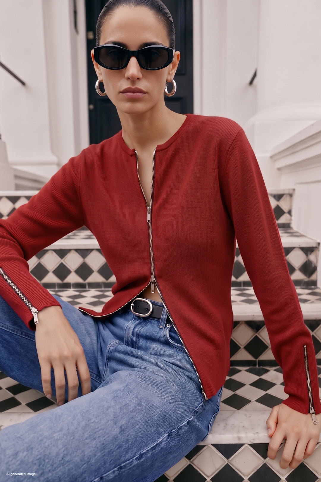Sateen Gilet avec Détails de Fermeture Éclair aux Manches - Rouge