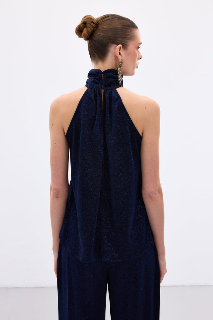 Sateen Blouse sans manches brillante - Bleu marine