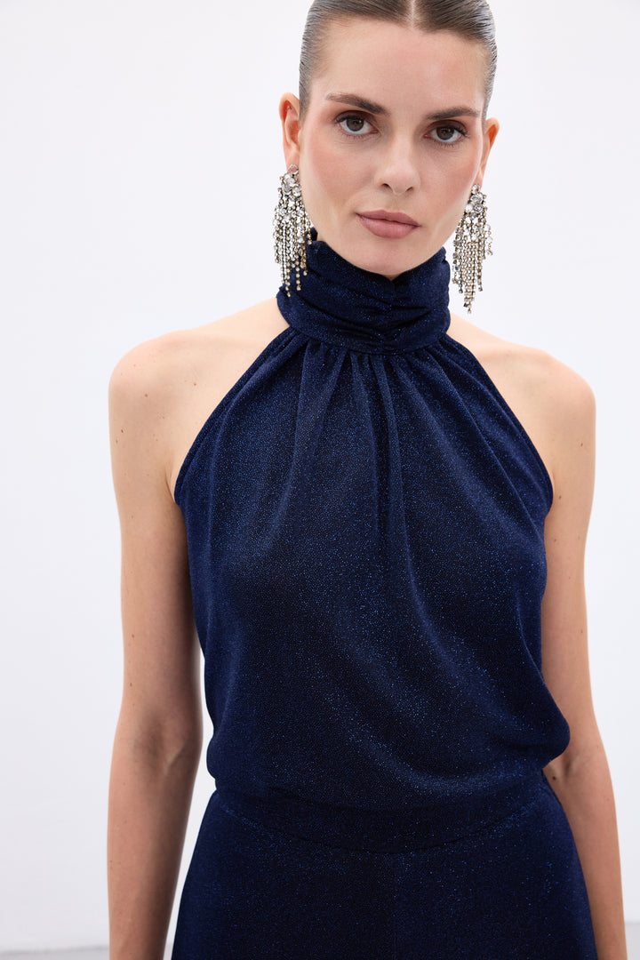 Sateen Blouse sans manches brillante - Bleu marine