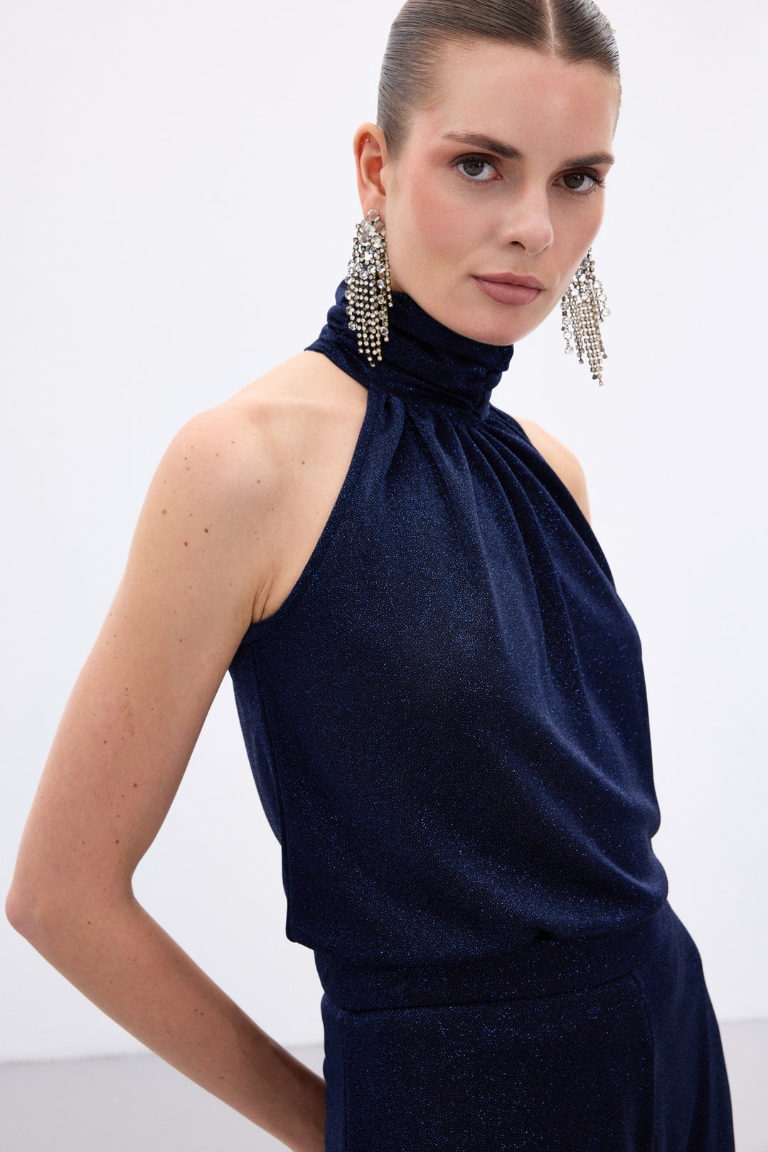 Sateen Blouse sans manches brillante - Bleu marine