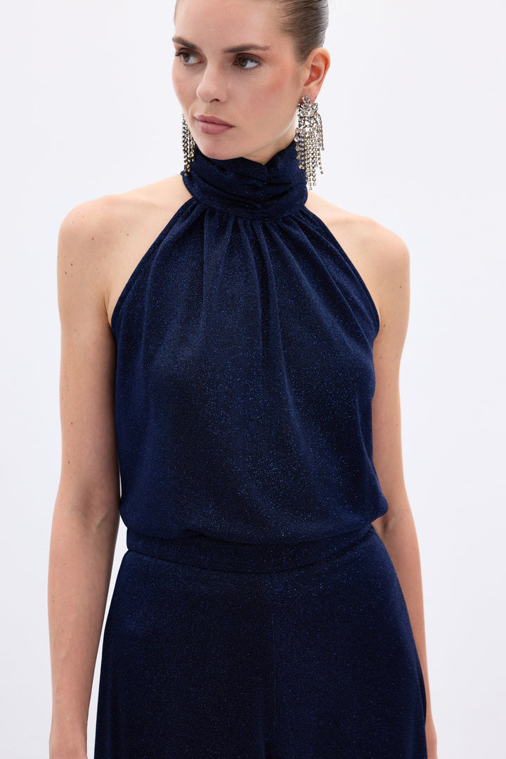 Sateen Blouse sans manches brillante - Bleu marine