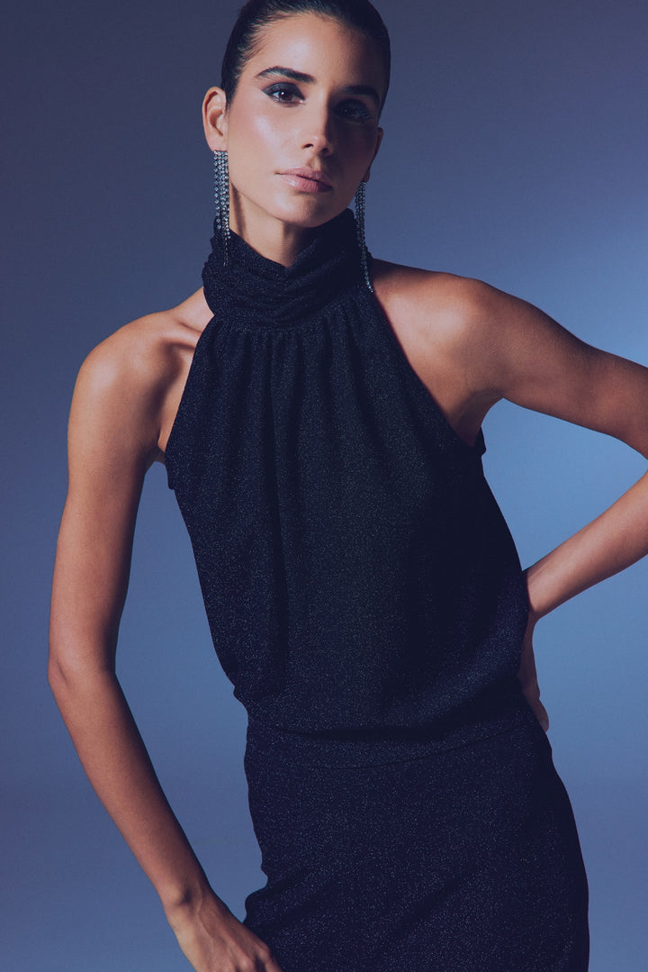 Sateen Blouse sans manches brillante - Noir