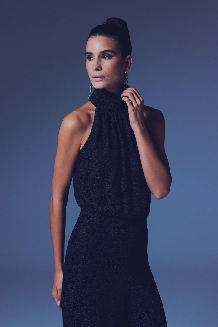 Sateen Blouse sans manches brillante - Noir