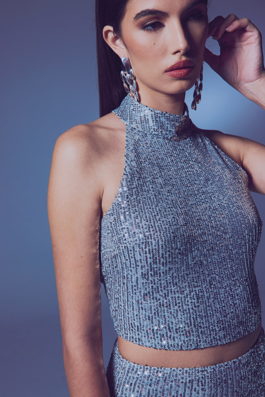 Sateen Blouse Sans Manches Pailletée - Argent