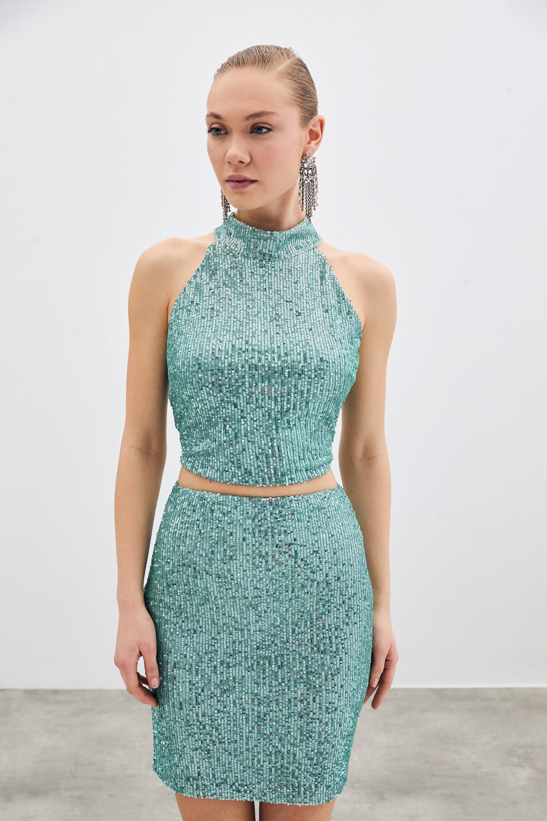 Sateen Blouse sans manches à paillettes - Menthe
