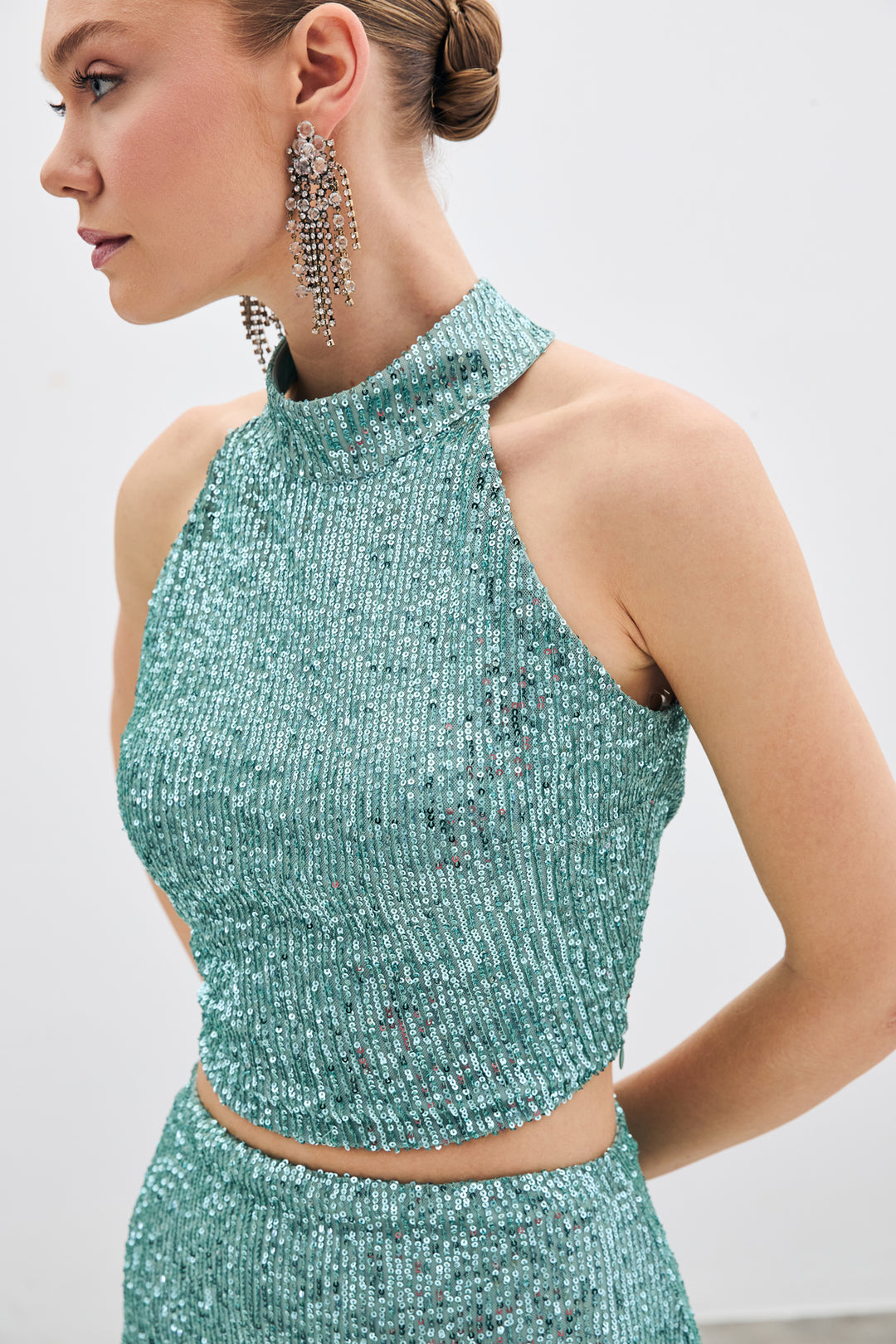 Sateen Blouse sans manches à paillettes - Menthe