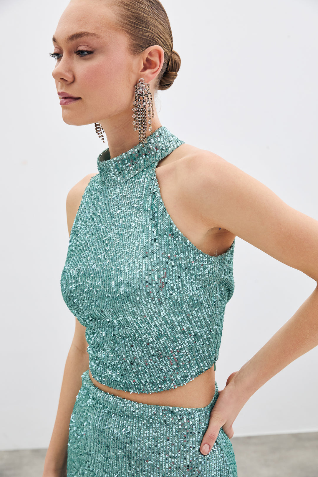 Sateen Blouse sans manches à paillettes - Menthe