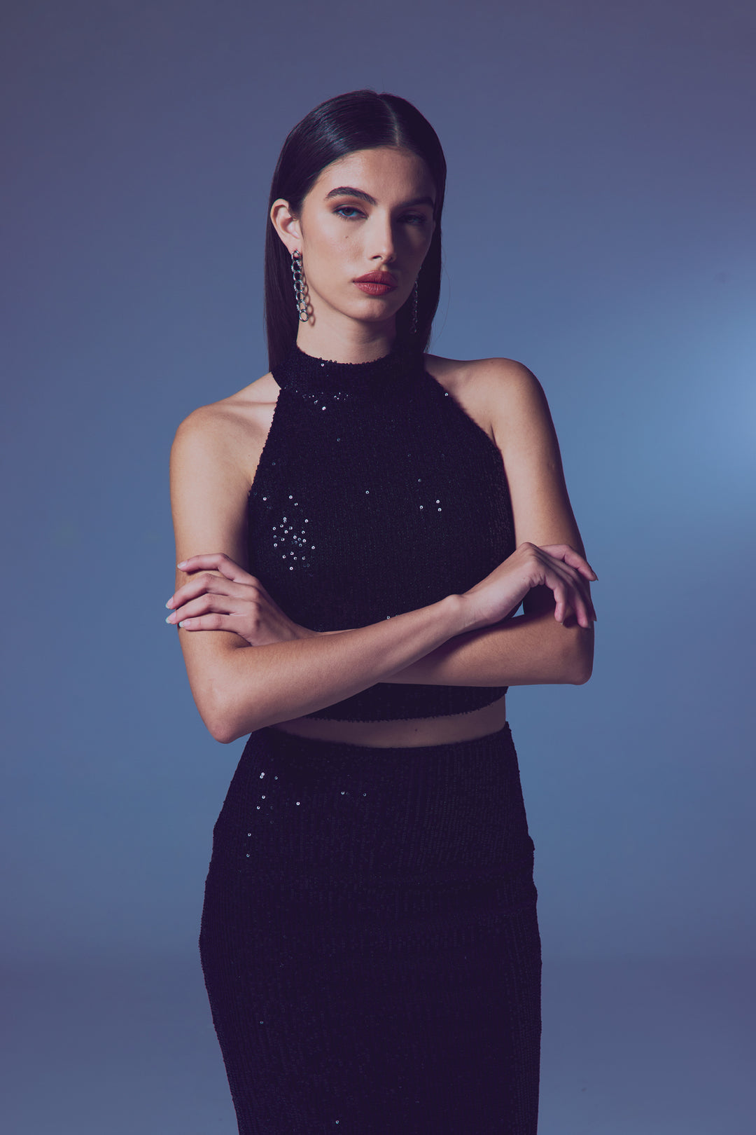 Sateen Blouse Sans Manches Pailletée - Noir
