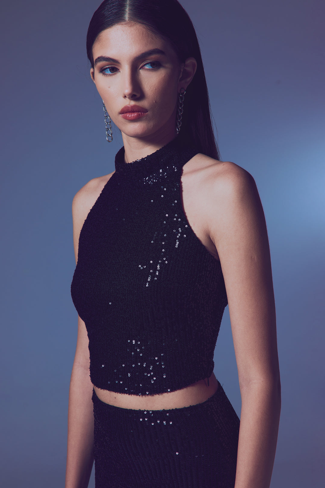 Sateen Blouse Sans Manches Pailletée - Noir