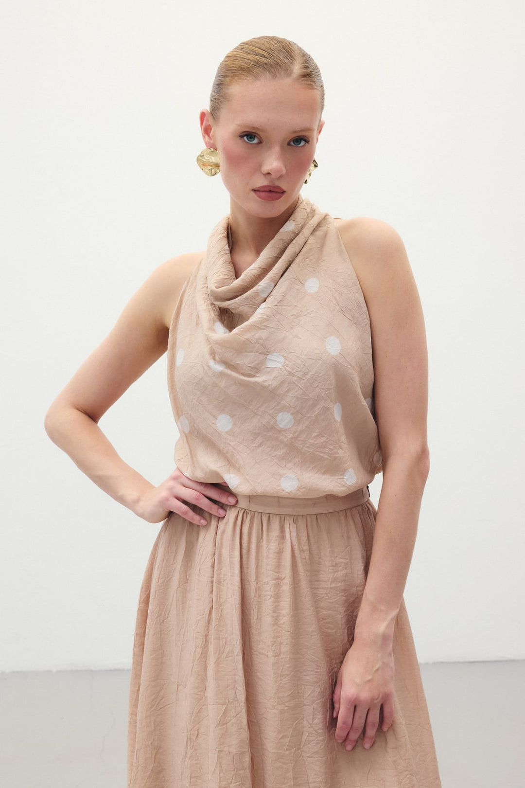Sateen Blouse Sans Manches à Pois - Poudre