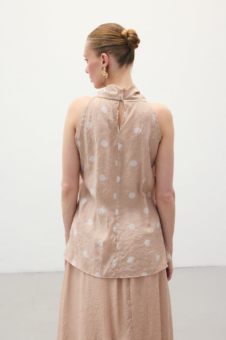 Sateen Blouse Sans Manches à Pois - Poudre