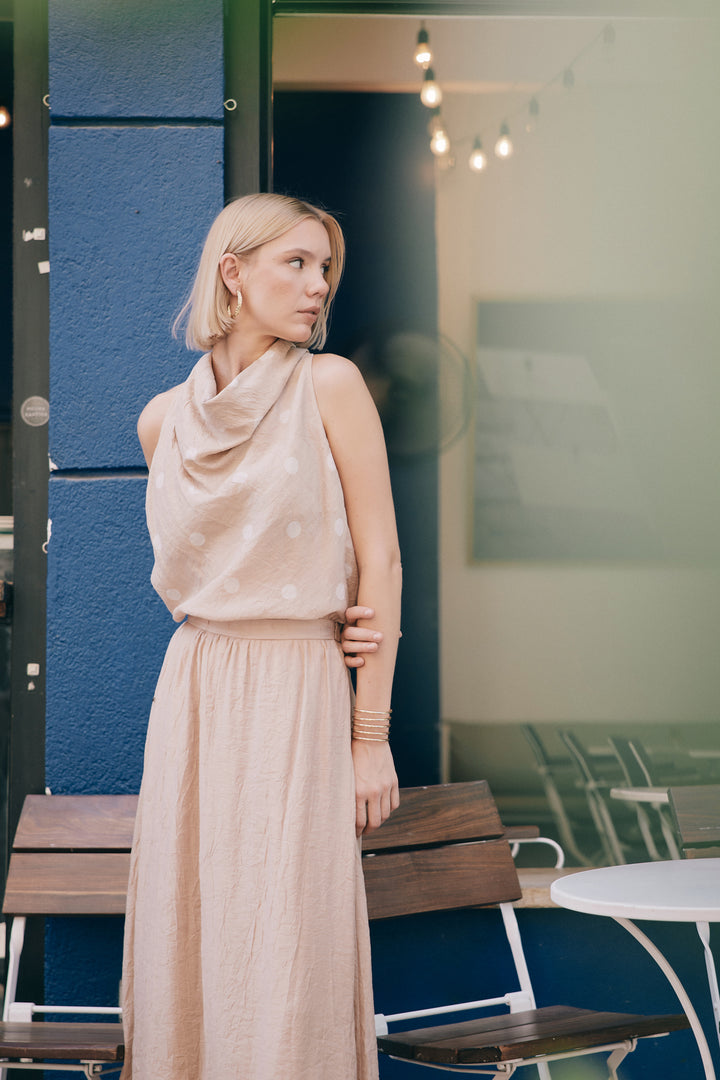 Sateen Blouse Sans Manches à Pois - Poudre