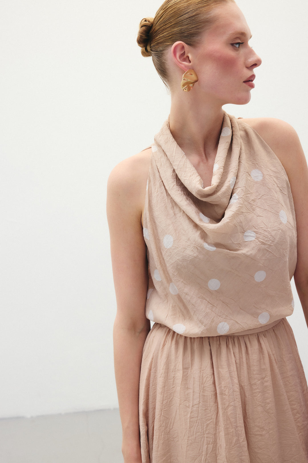 Sateen Blouse Sans Manches à Pois - Poudre
