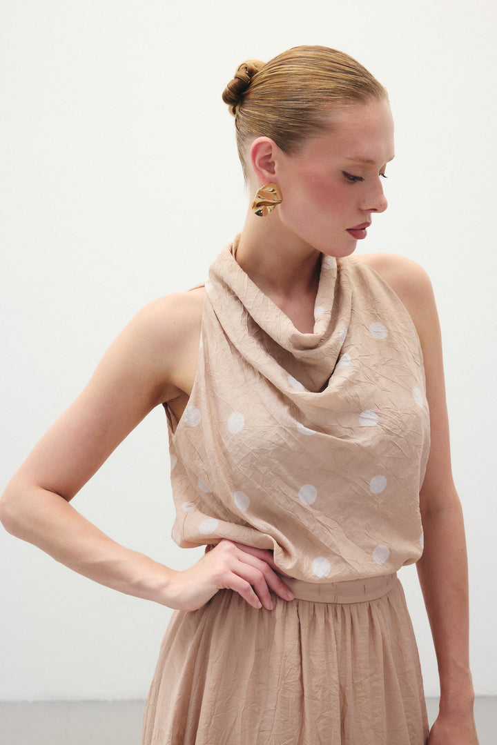 Sateen Blouse Sans Manches à Pois - Poudre