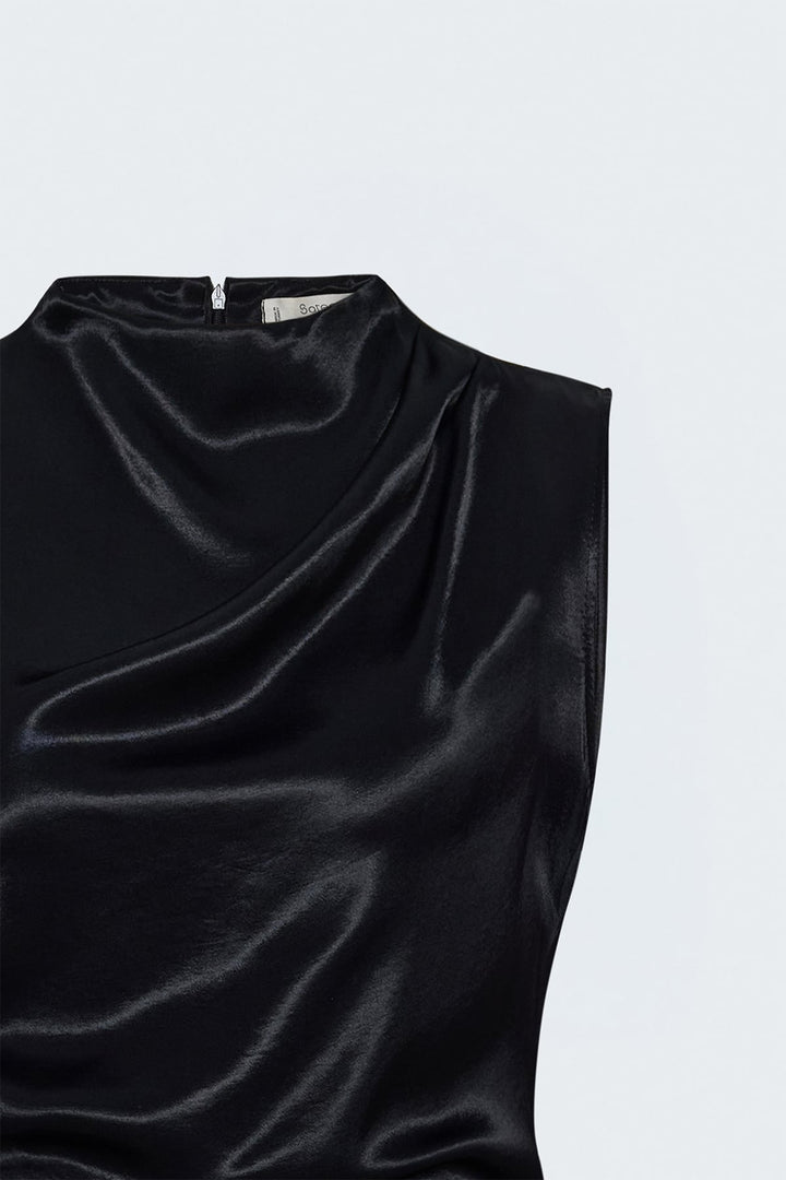 Sateen Robe Sans Manches en Satin - Noir