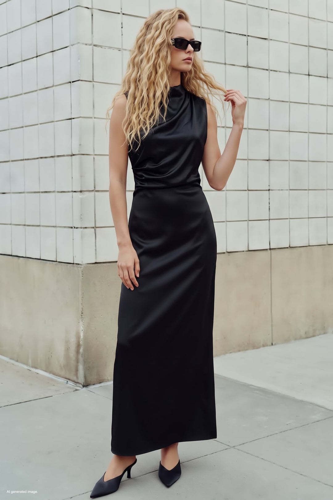 Sateen Robe Sans Manches en Satin - Noir