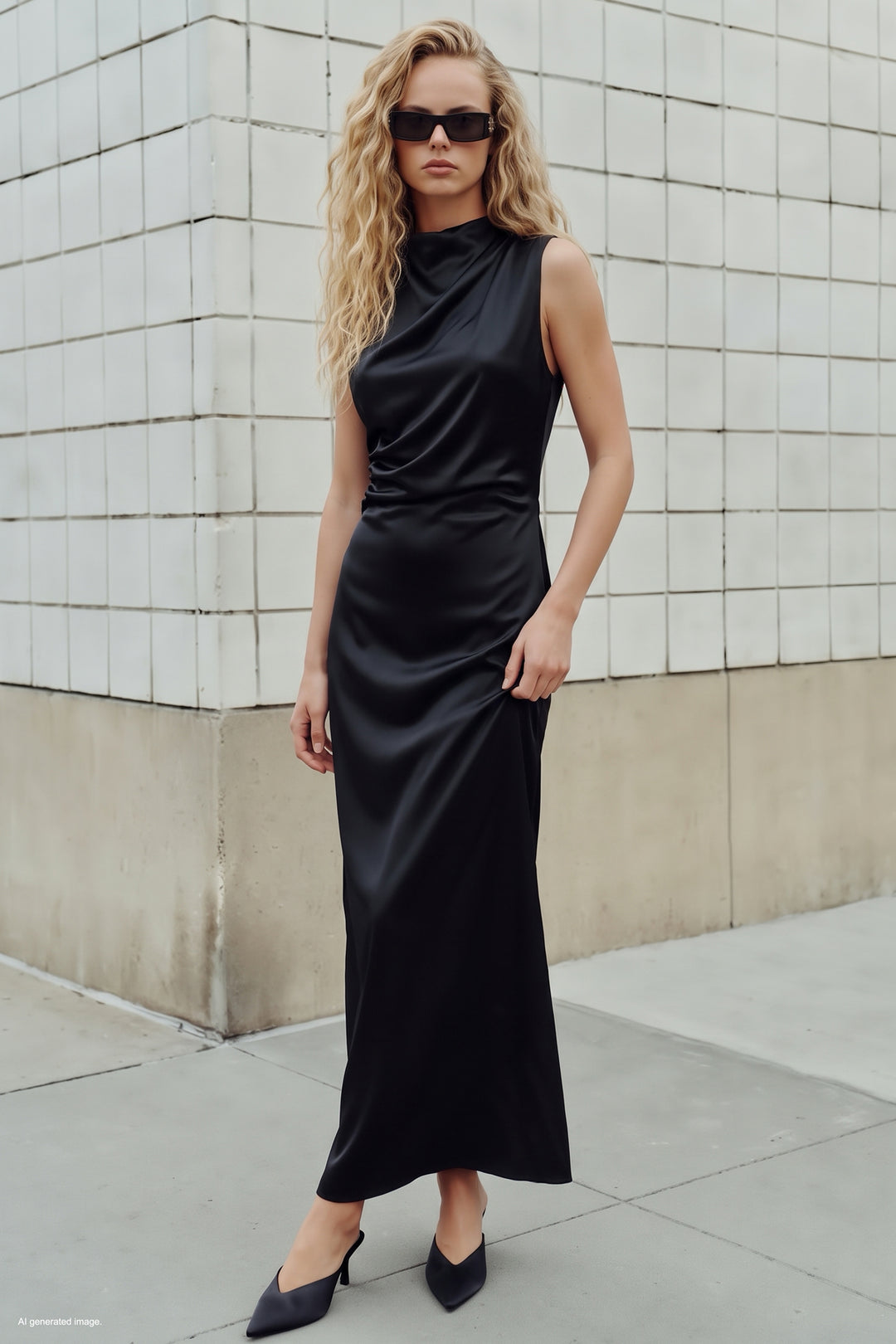 Sateen Robe Sans Manches en Satin - Noir