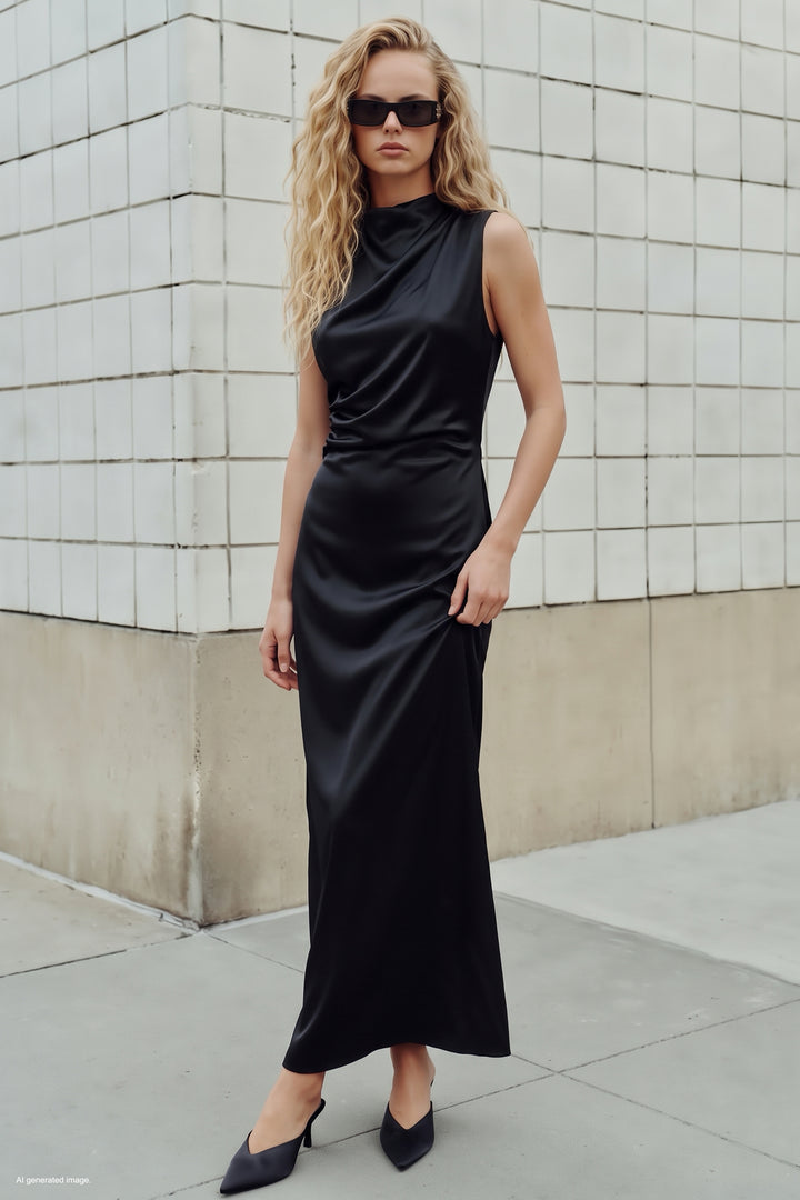 Sateen Robe Sans Manches en Satin - Noir