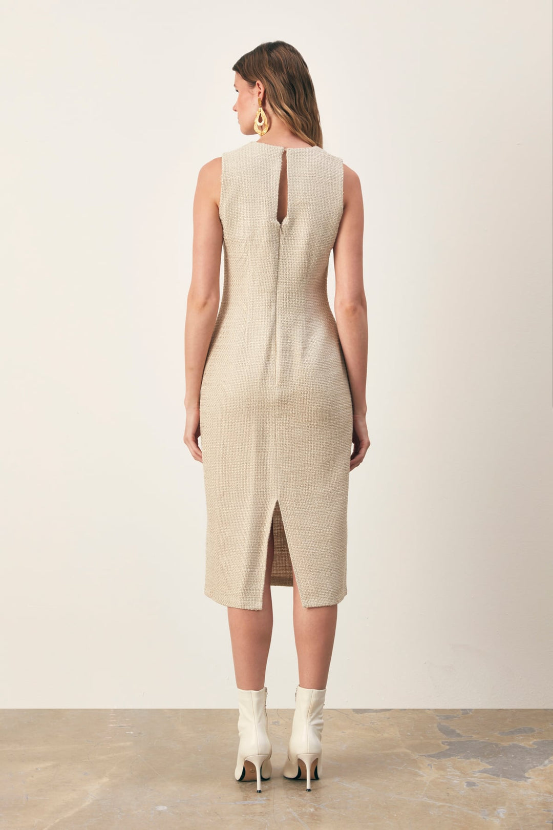 Sateen Robe longue sans manches en tweed - Beige