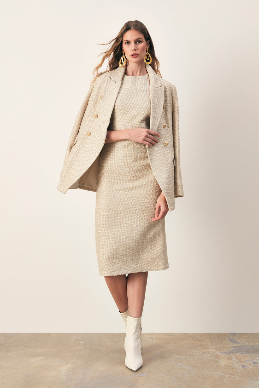 Sateen Robe longue sans manches en tweed - Beige