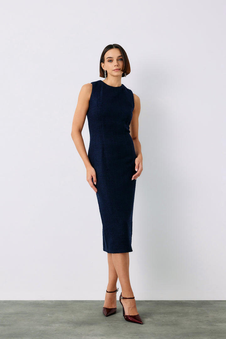 Sateen Robe longue sans manches en tweed - Bleu marine