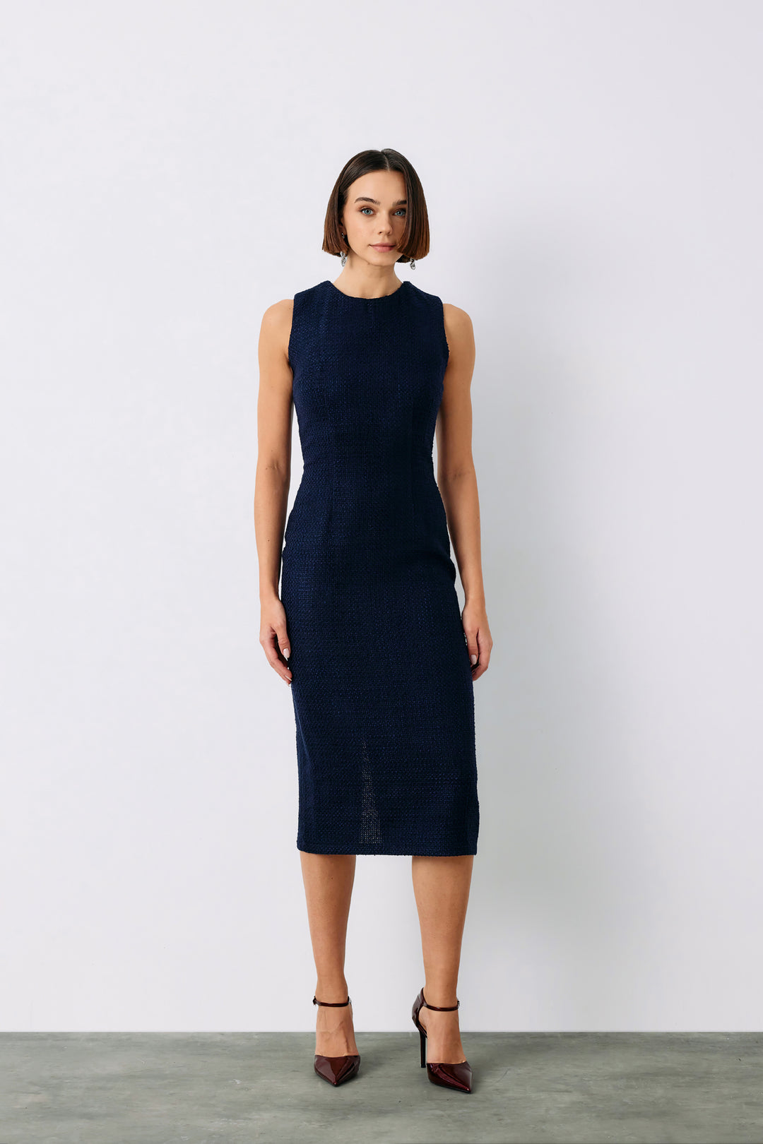 Sateen Robe longue sans manches en tweed - Bleu marine
