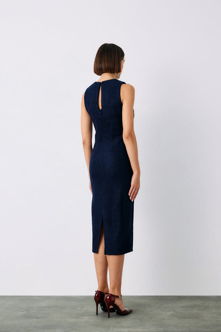 Sateen Robe longue sans manches en tweed - Bleu marine
