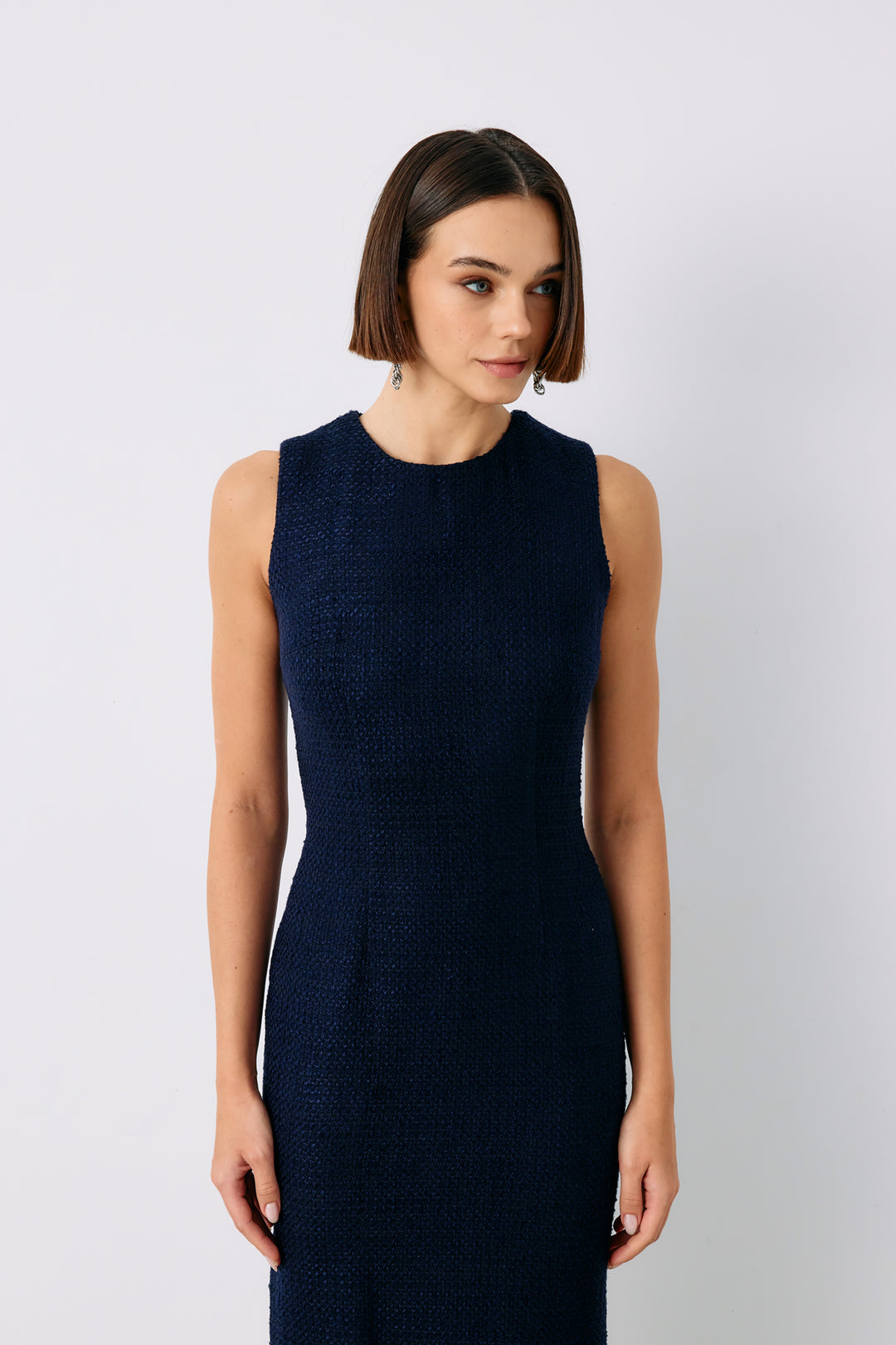 Sateen Robe longue sans manches en tweed - Bleu marine