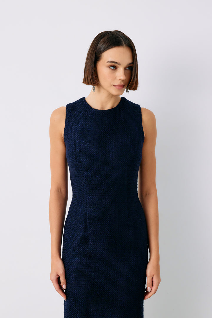 Sateen Robe longue sans manches en tweed - Bleu marine
