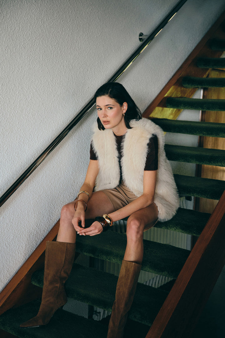 Sateen Gilet long sans manches - Écru