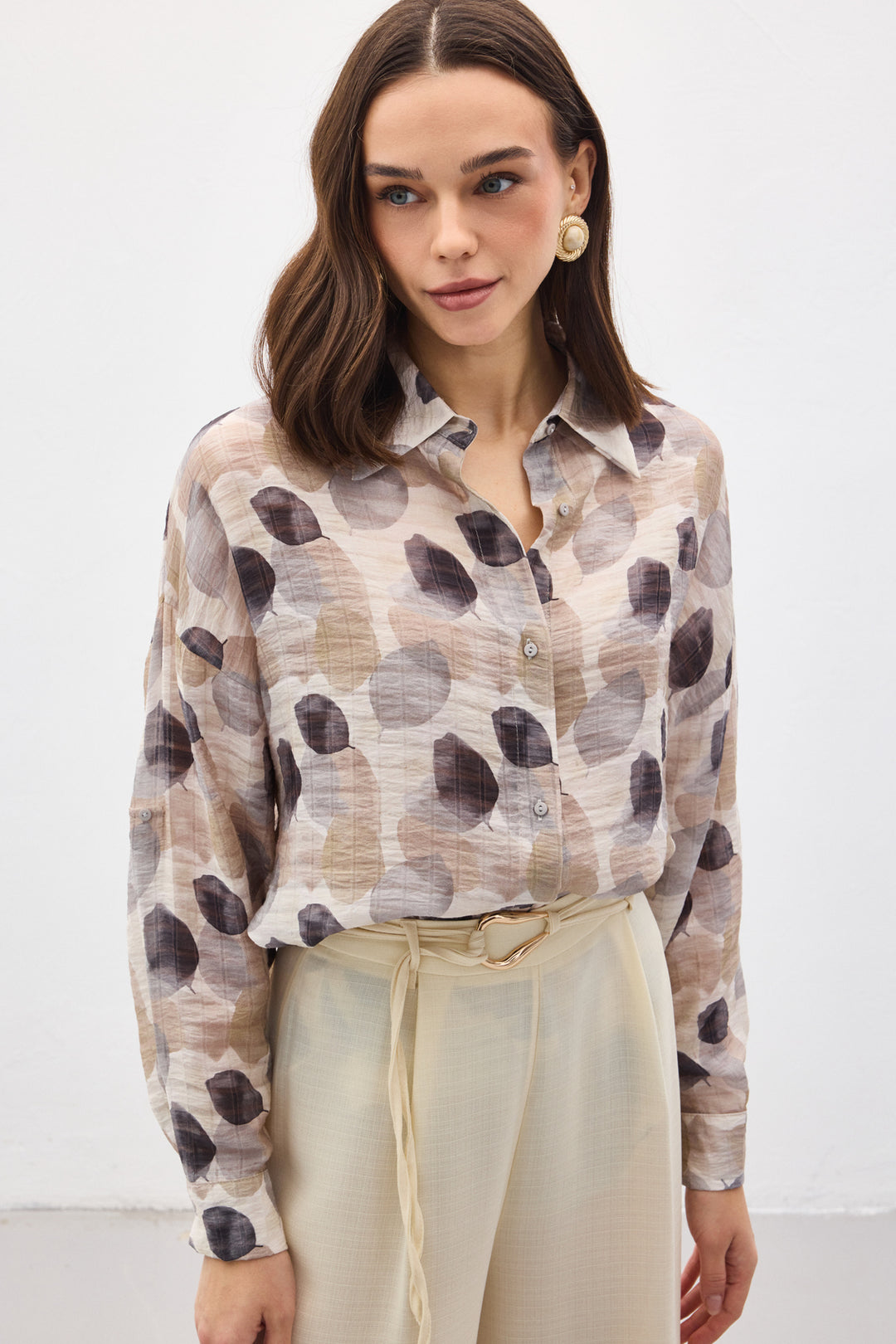 Sateen Chemise Fine à Manches Roulées - Gris