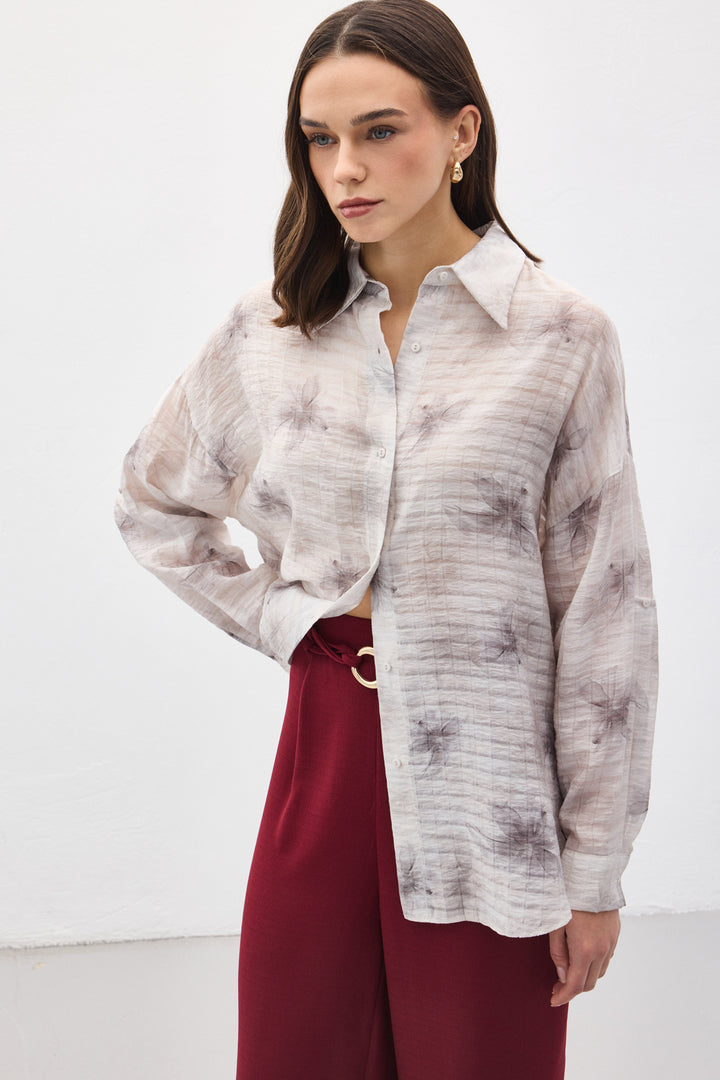 Sateen Chemise Fine à Manches Relevées - Gris