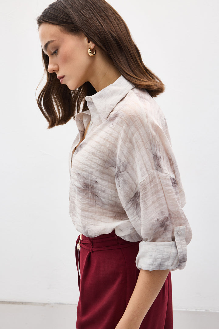 Sateen Chemise Fine à Manches Relevées - Gris